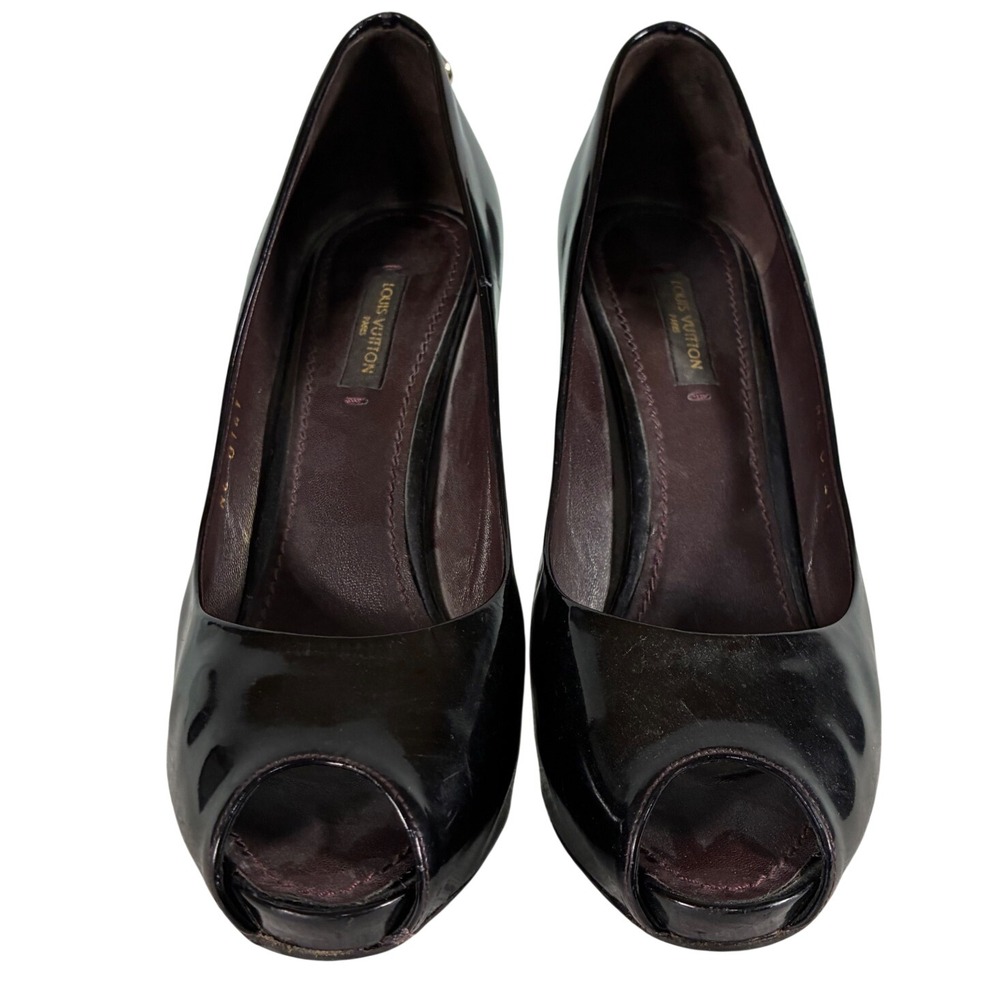 Louis Vuitton Black Patent Leather Padlock Peep Toe Platform Pumps NL0141 37